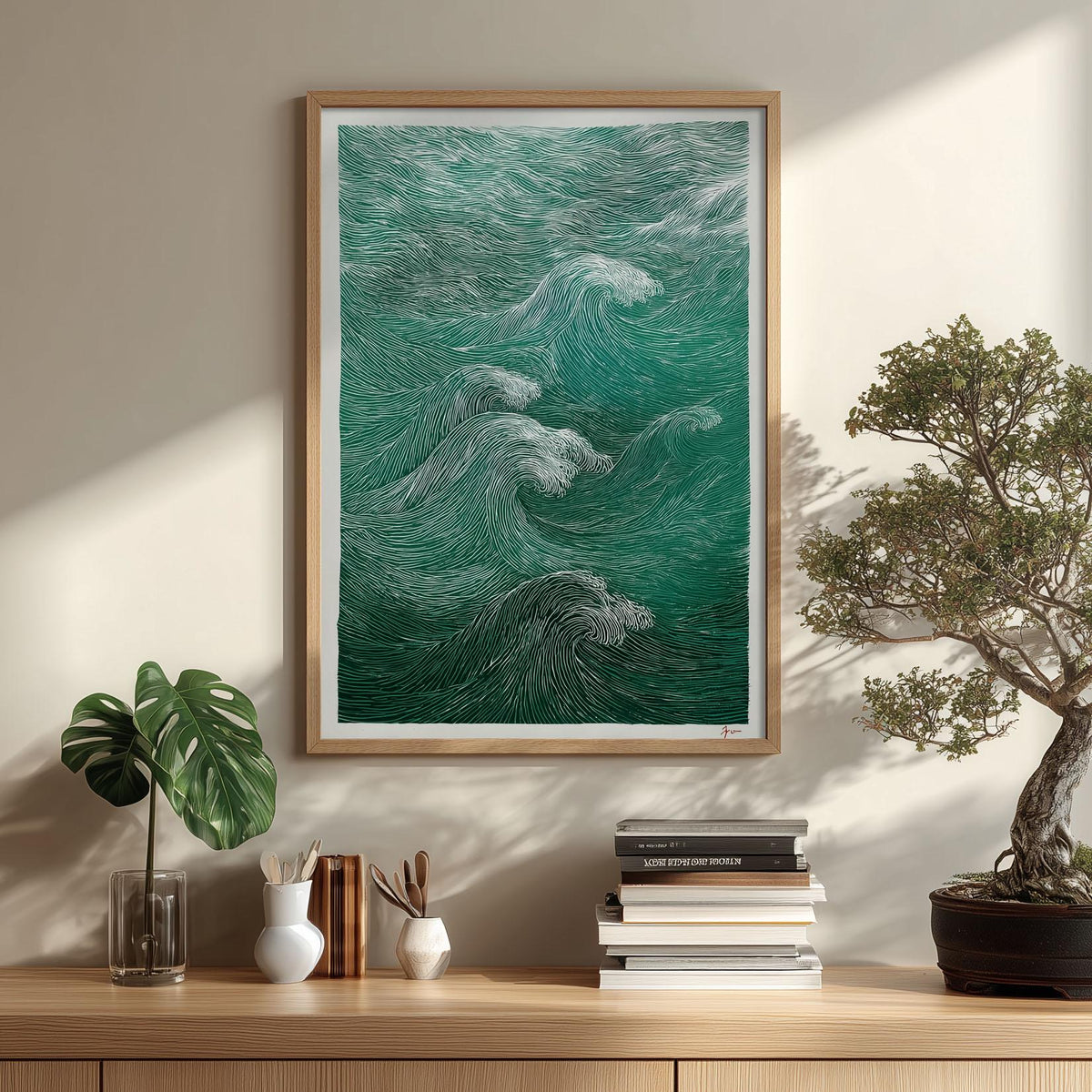 Green Wave Poster, Ocean Wall Art, Woodcut Print, Coastal Illustration