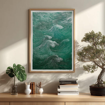 Green Wave Poster, Ocean Wall Art, Woodcut Print, Coastal Illustration