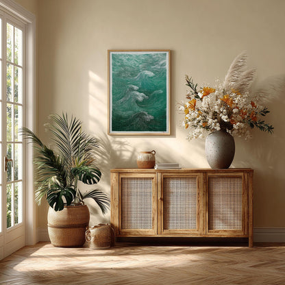 Green Wave Poster, Ocean Wall Art, Woodcut Print, Coastal Illustration
