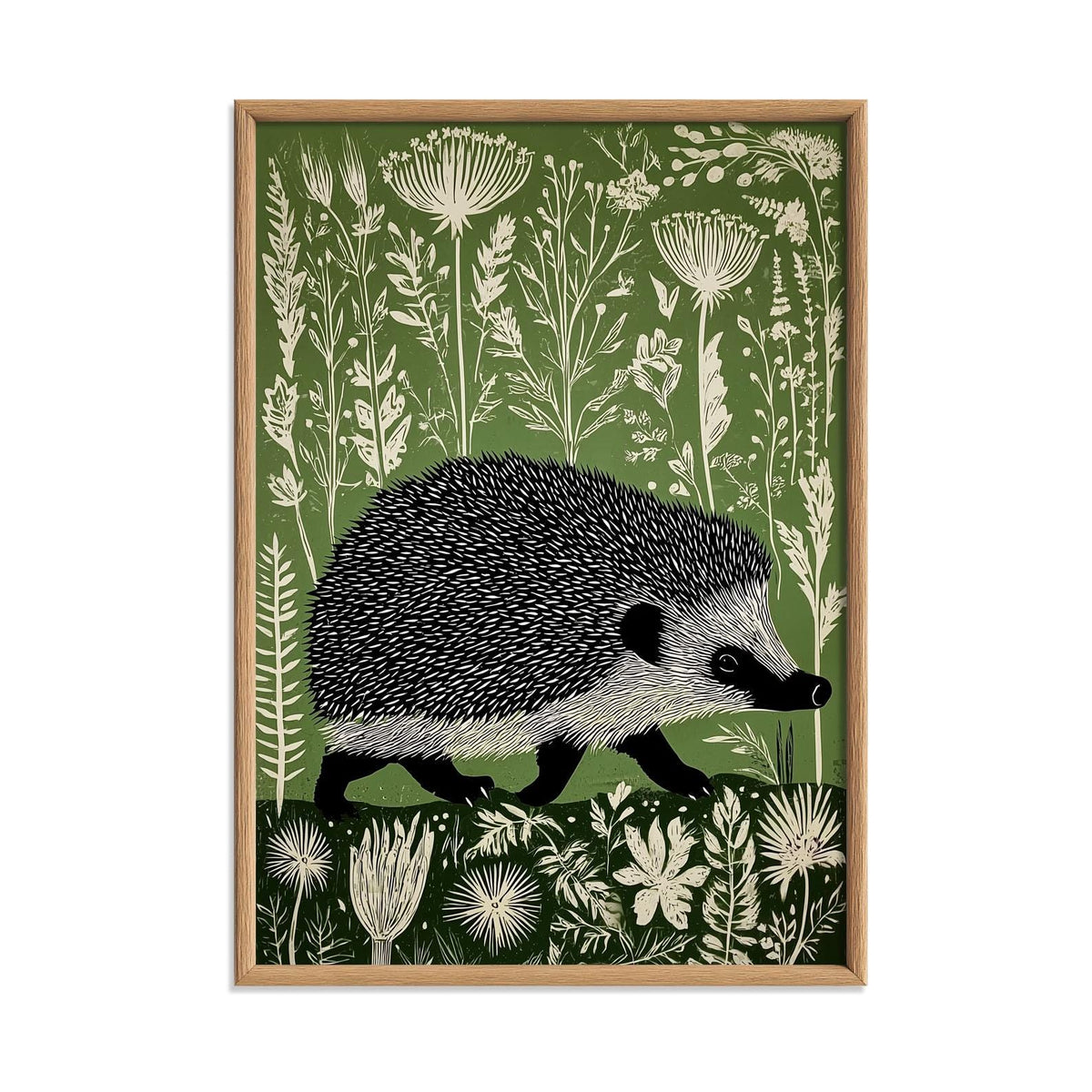 Hedgehog Poster, Botanical Wall Art, Linocut Print, Woodland Illustration