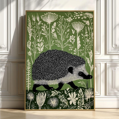 Hedgehog Poster, Botanical Wall Art, Linocut Print, Woodland Illustration