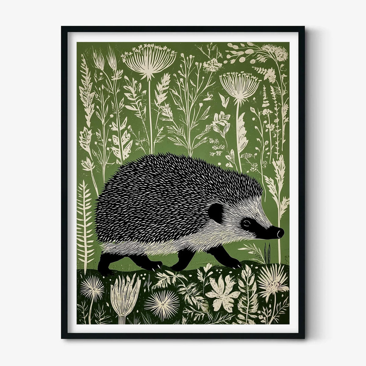 Hedgehog Poster, Botanical Wall Art, Linocut Print, Woodland Illustration