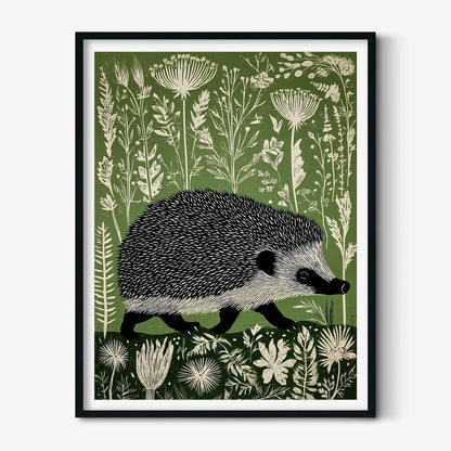 Hedgehog Poster, Botanical Wall Art, Linocut Print, Woodland Illustration