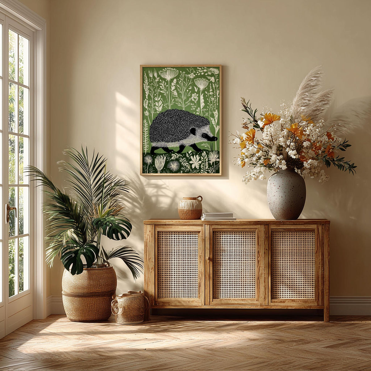 Hedgehog Poster, Botanical Wall Art, Linocut Print, Woodland Illustration