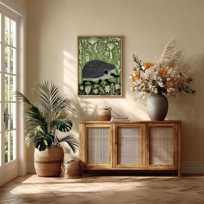 Hedgehog Poster, Botanical Wall Art, Linocut Print, Woodland Illustration