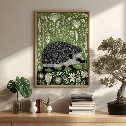 Hedgehog Poster, Botanical Wall Art, Linocut Print, Woodland Illustration