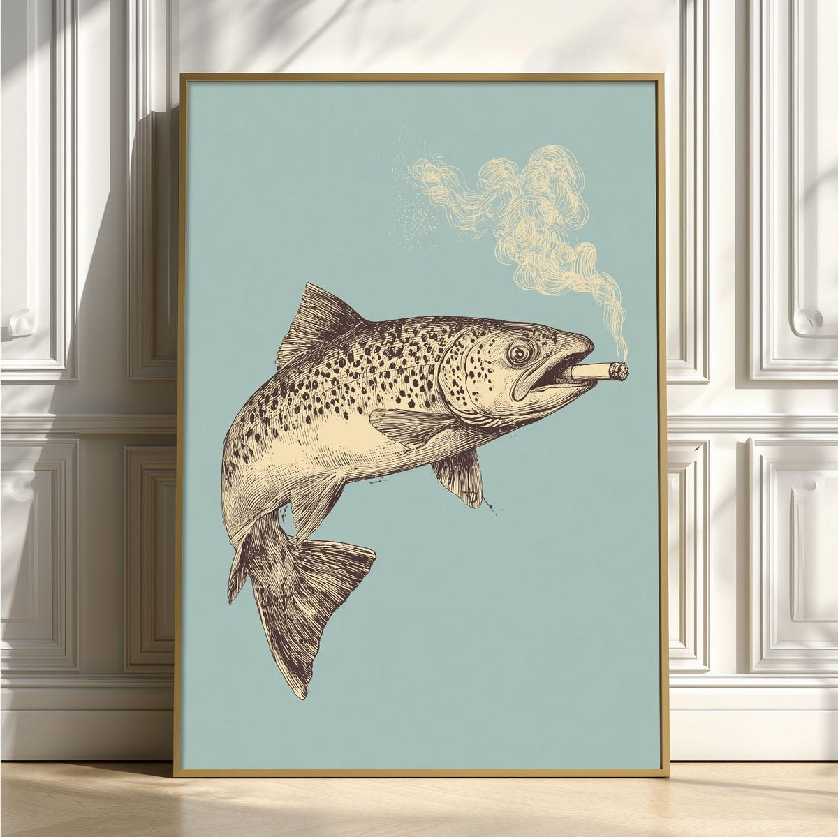 Smoking Trout Poster, Vintage Fish Print, Quirky Wall Art, Blue Illustration