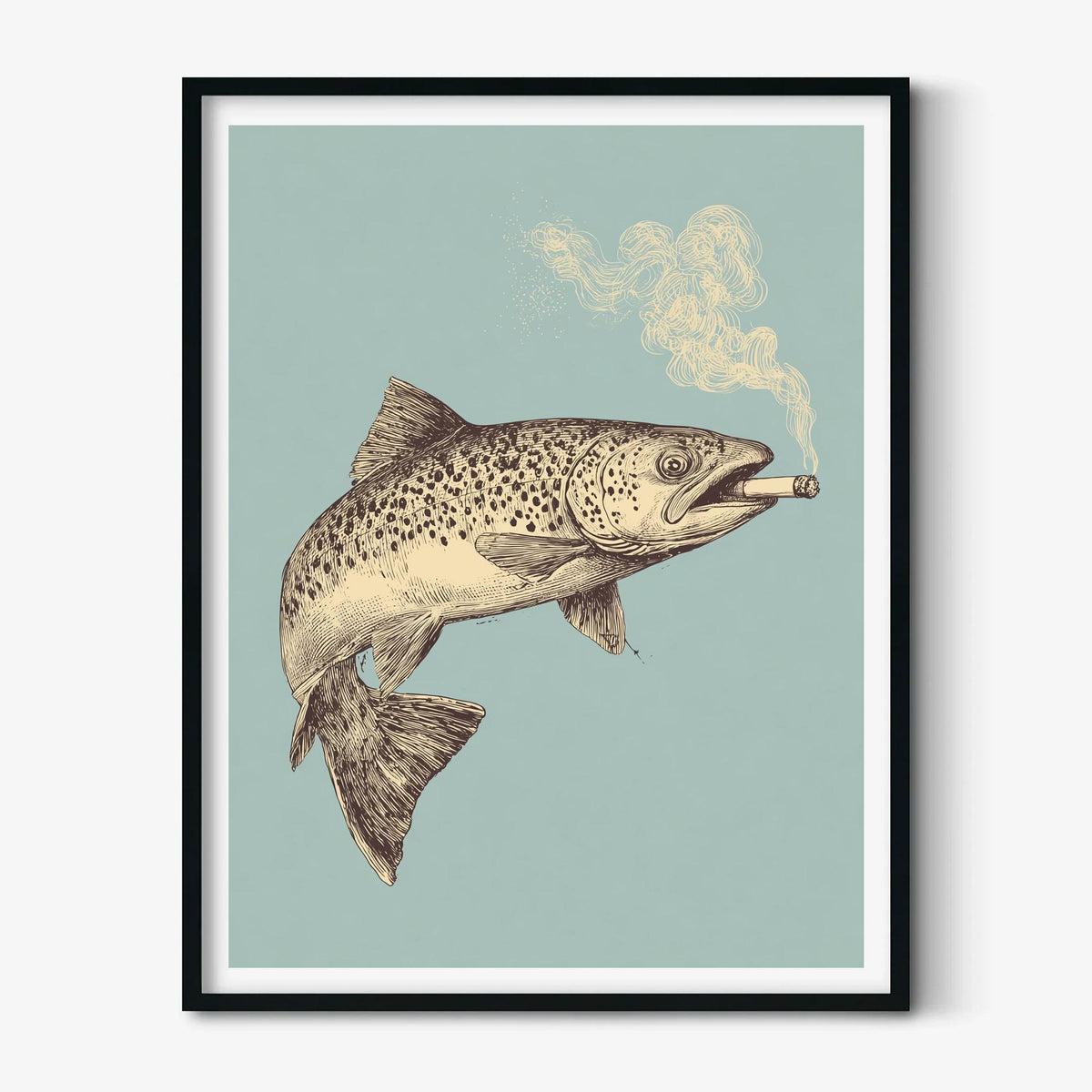 Smoking Trout Poster, Vintage Fish Print, Quirky Wall Art, Blue Illustration