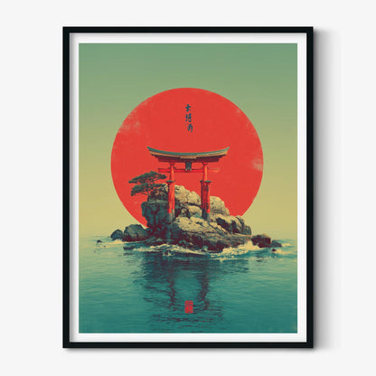Torii Gate Poster, Japanese Wall Art, Island Print, Red Sun Decor