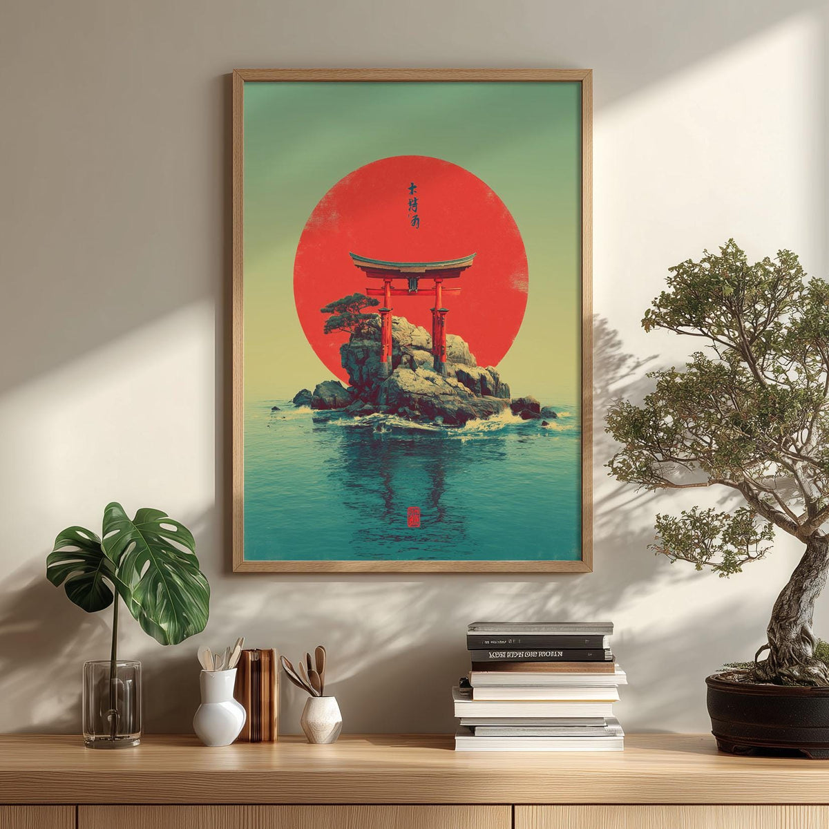 Torii Gate Poster, Japanese Wall Art, Island Print, Red Sun Decor