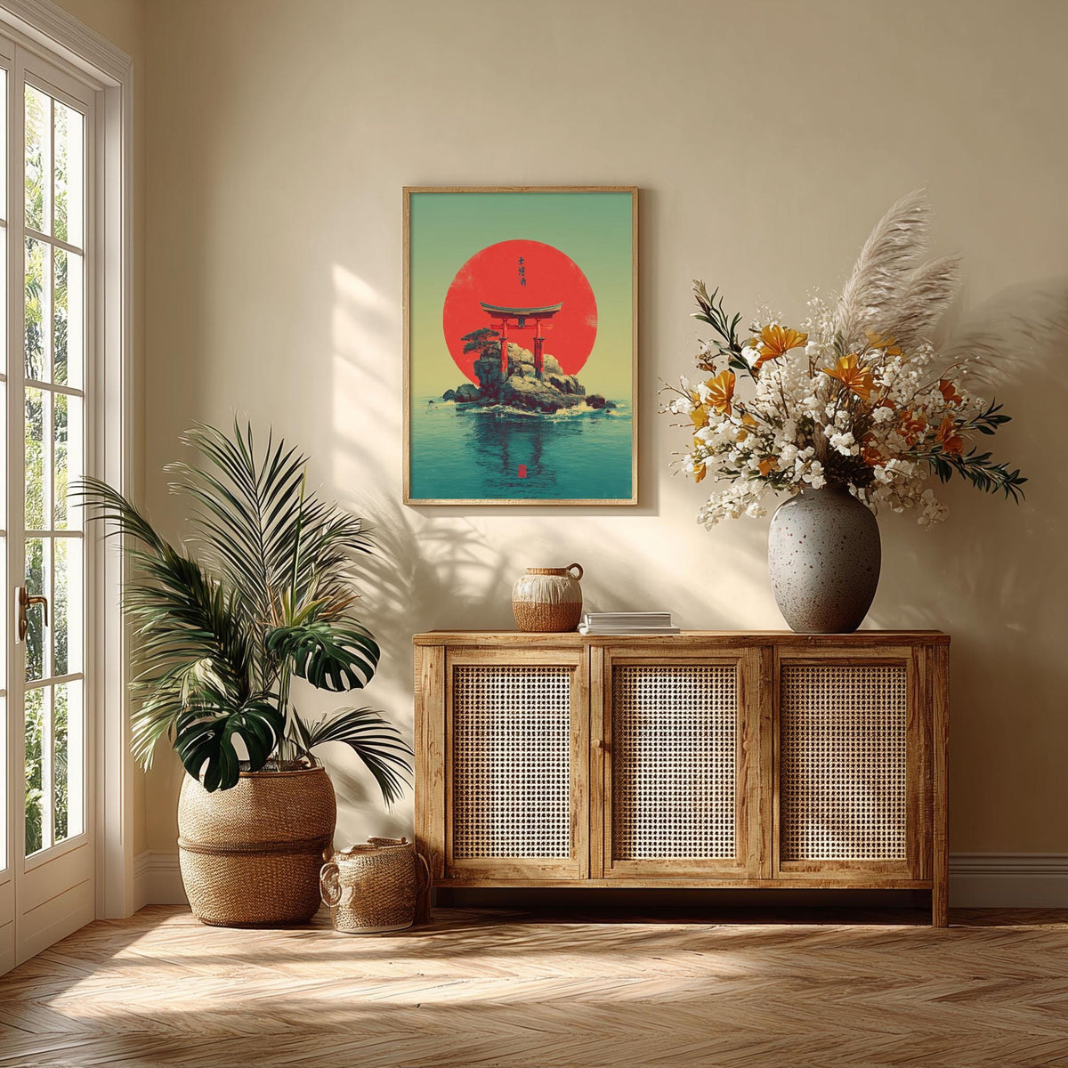 Torii Gate Poster, Japanese Wall Art, Island Print, Red Sun Decor