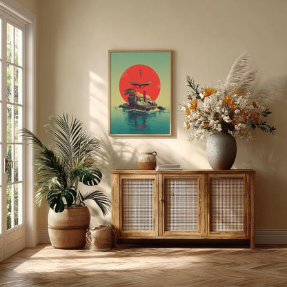 Torii Gate Poster, Japanese Wall Art, Island Print, Red Sun Decor