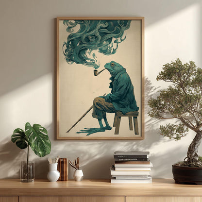 Gentleman Frog Print, Pipe Smoking Poster, Vintage Wall Art, Quirky Illustration