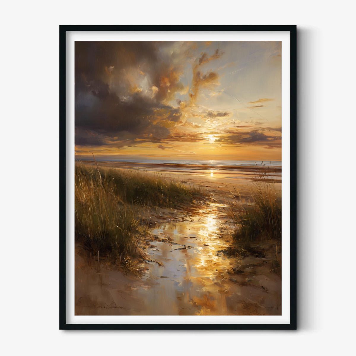 Coastal Sunset Poster, Beach Wall Art, Seascape Print, Golden Illustration