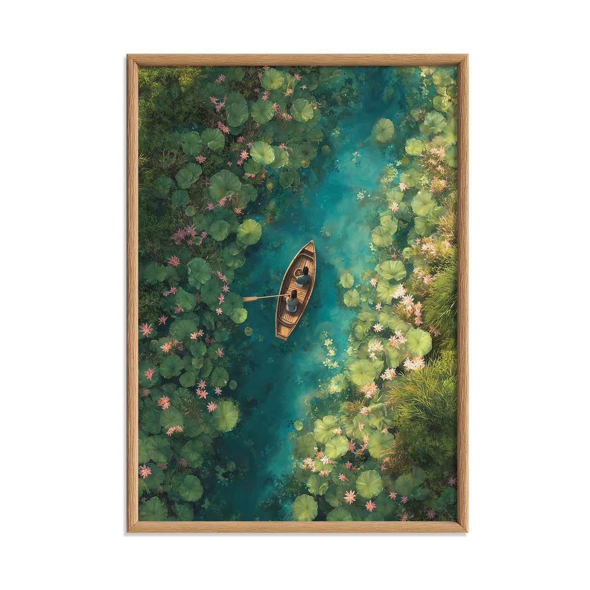 Lotus Boat Print, Aerial River Poster, Botanical Wall Art, Green Home Decor