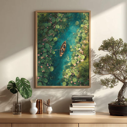 Lotus Boat Print, Aerial River Poster, Botanical Wall Art, Green Home Decor