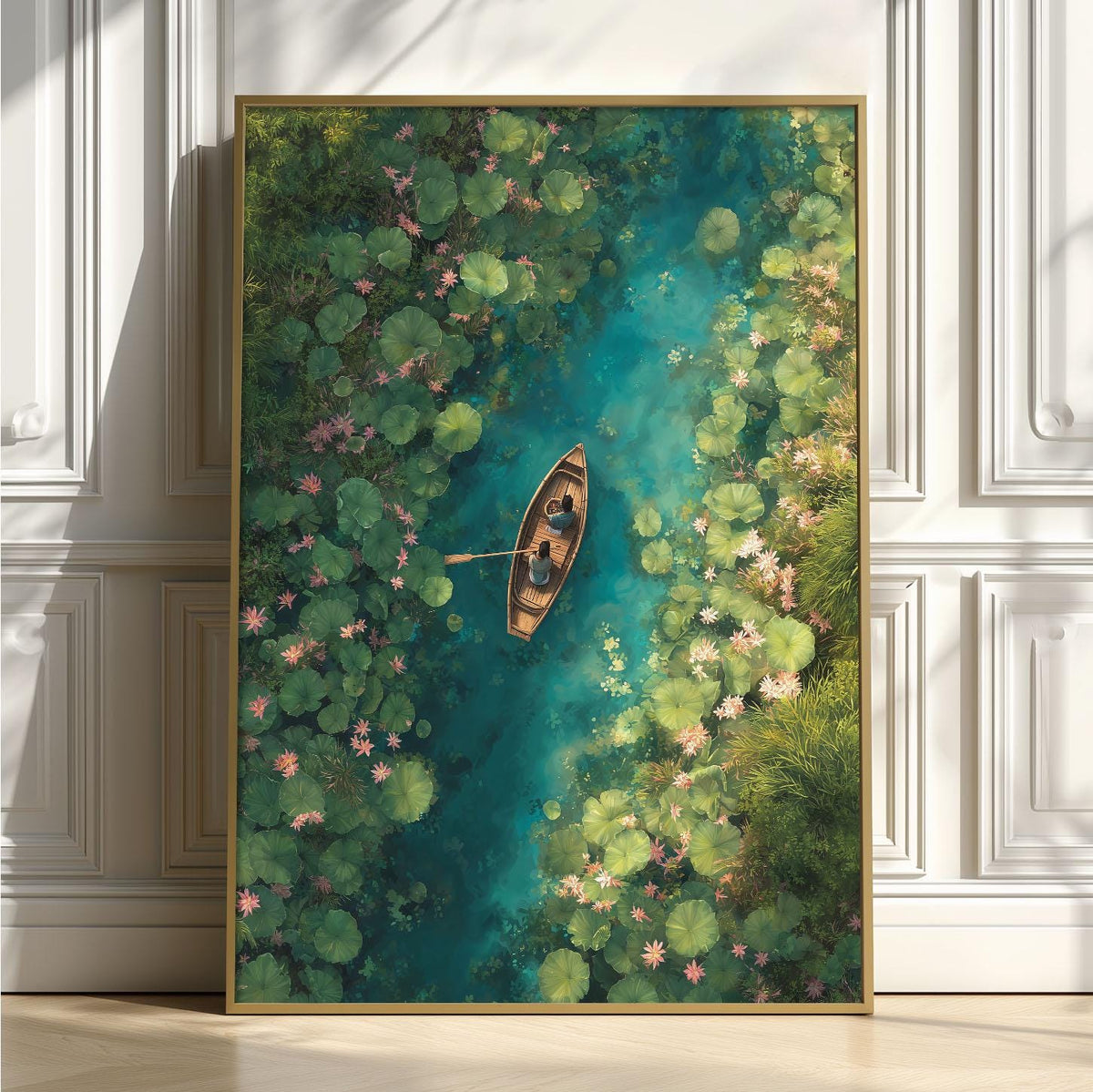 Lotus Boat Print, Aerial River Poster, Botanical Wall Art, Green Home Decor