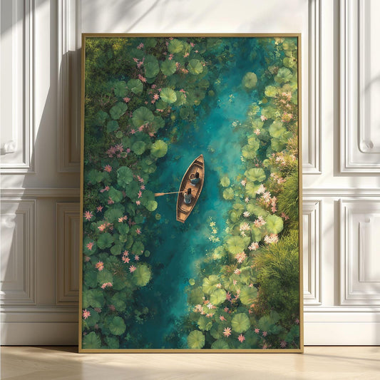 Lotus Boat Print, Aerial River Poster, Botanical Wall Art, Green Home Decor