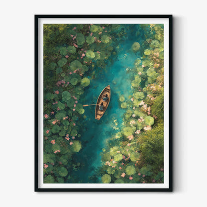 Lotus Boat Print, Aerial River Poster, Botanical Wall Art, Green Home Decor