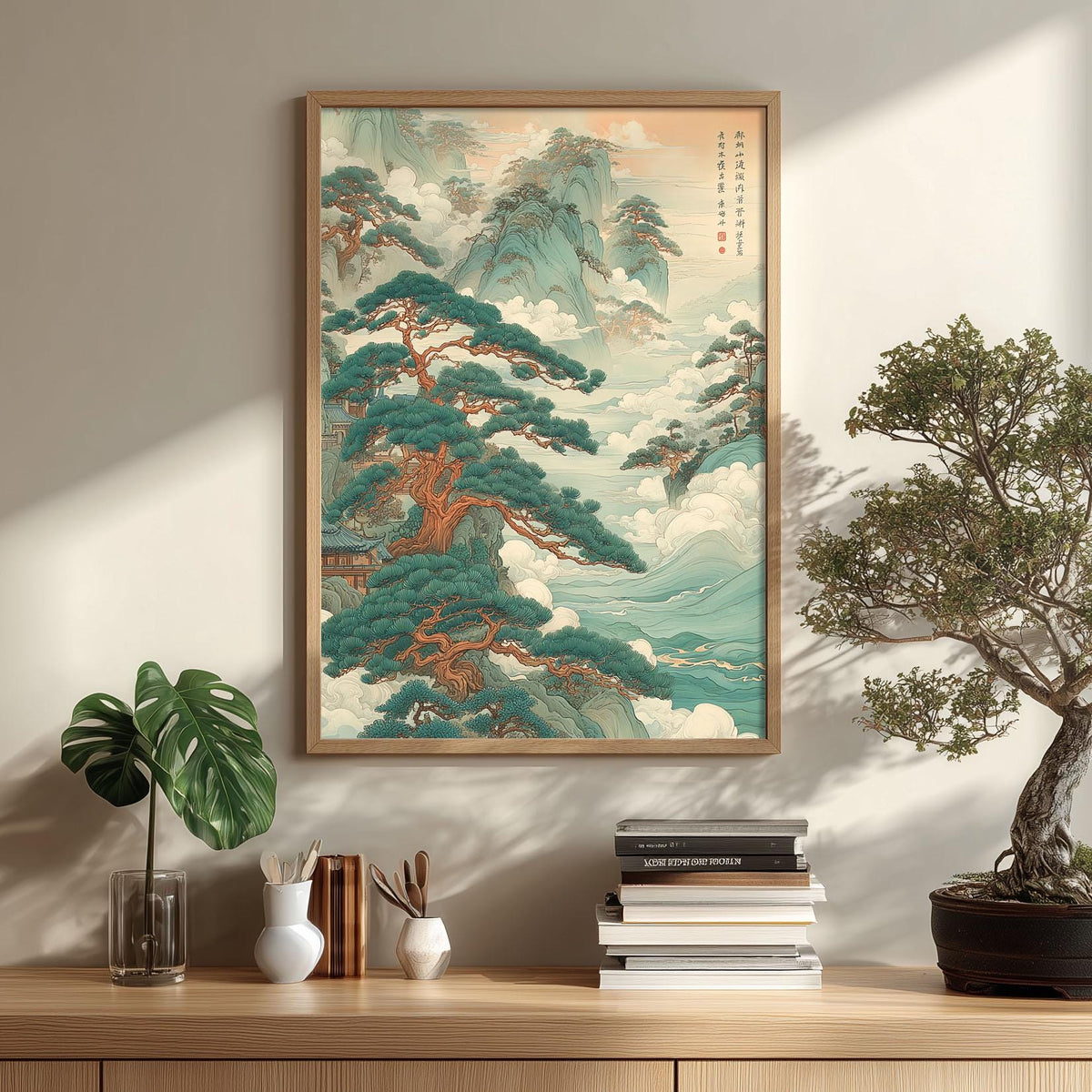 Chinese Landscape Print, Pine Tree Poster, Mountain Wall Art, Cloud Illustration