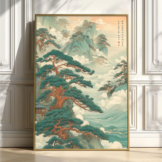 Chinese Landscape Print, Pine Tree Poster, Mountain Wall Art, Cloud Illustration