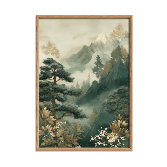 Misty Mountain Poster, Pine Forest Print, Japandi Wall Art, Green Bedroom Decor