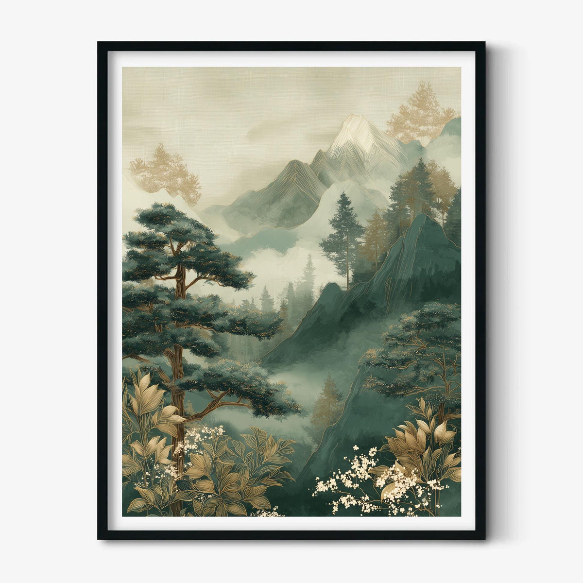 Misty Mountain Poster, Pine Forest Print, Japandi Wall Art, Green Bedroom Decor