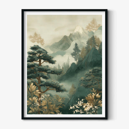Misty Mountain Poster, Pine Forest Print, Japandi Wall Art, Green Bedroom Decor