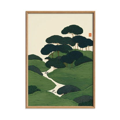 Japanese Poster, Tree Landscape Art, Green Home Decor