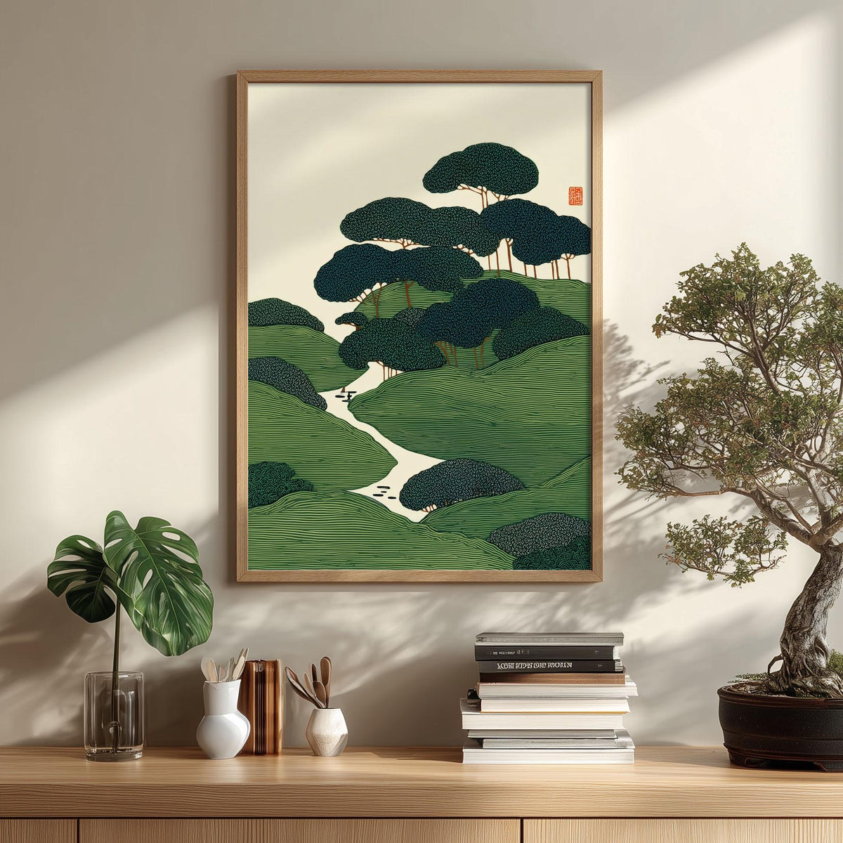 Japanese Poster, Tree Landscape Art, Green Home Decor