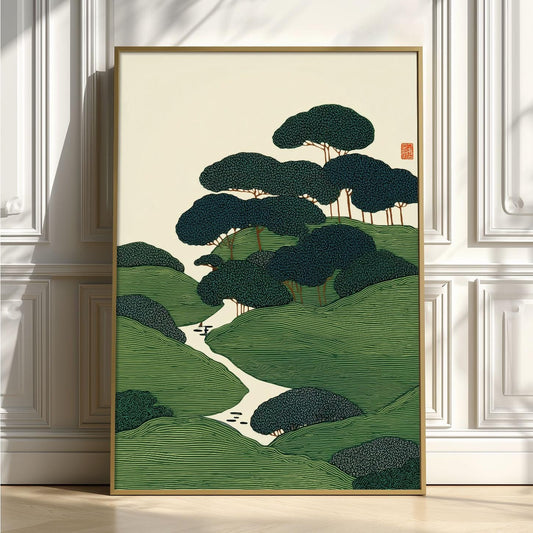 Japanese Poster, Tree Landscape Art, Green Home Decor