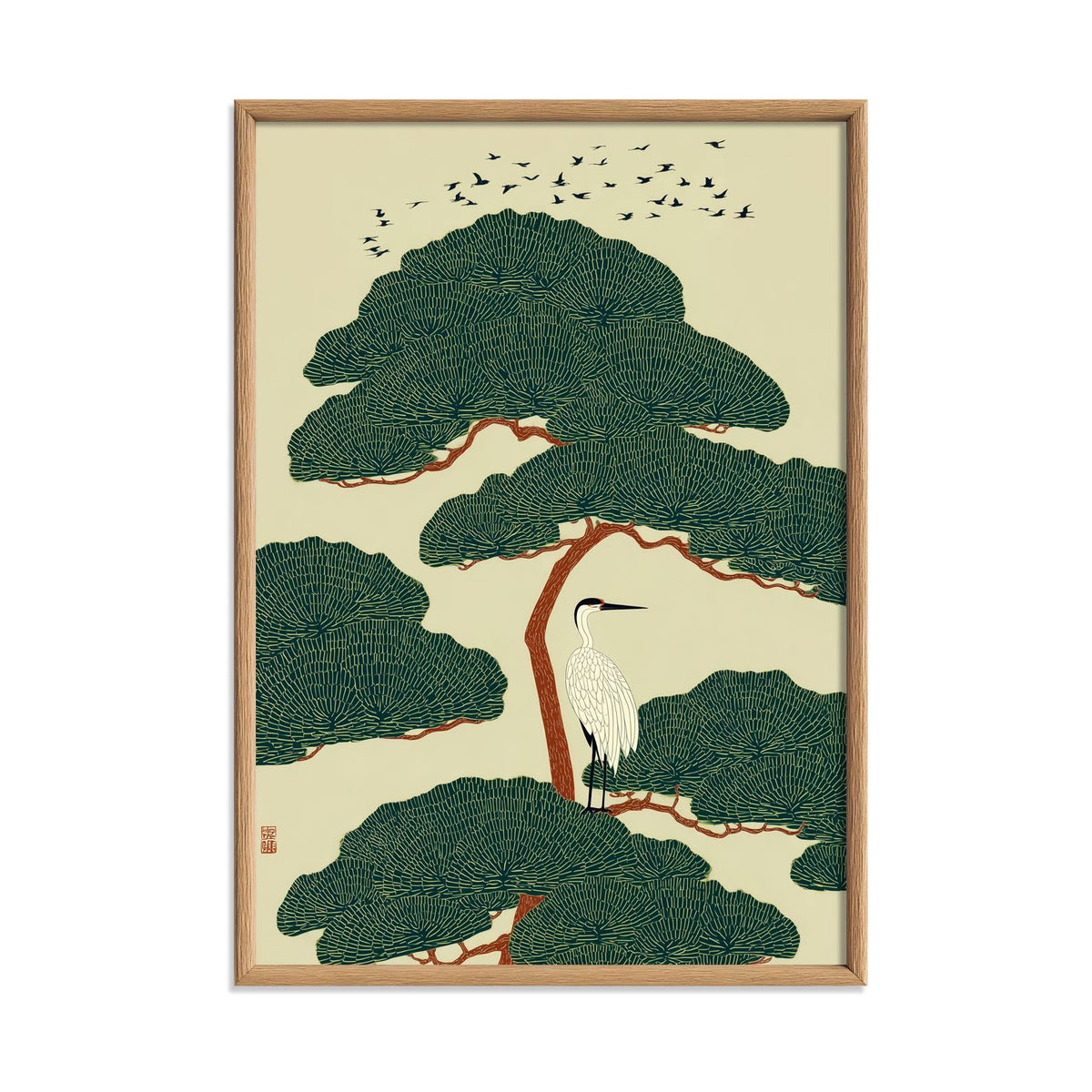 White Heron Print, Japanese Poster, Bird Wall Art, Green Illustration