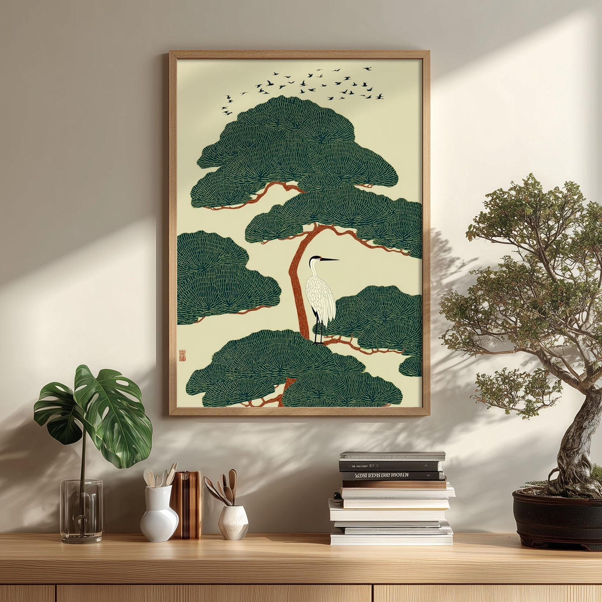 White Heron Print, Japanese Poster, Bird Wall Art, Green Illustration
