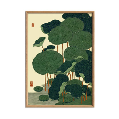 Lotus Leaf Poster, Japanese Botanical Print, Green Wall Art, Zen Bathroom Decor