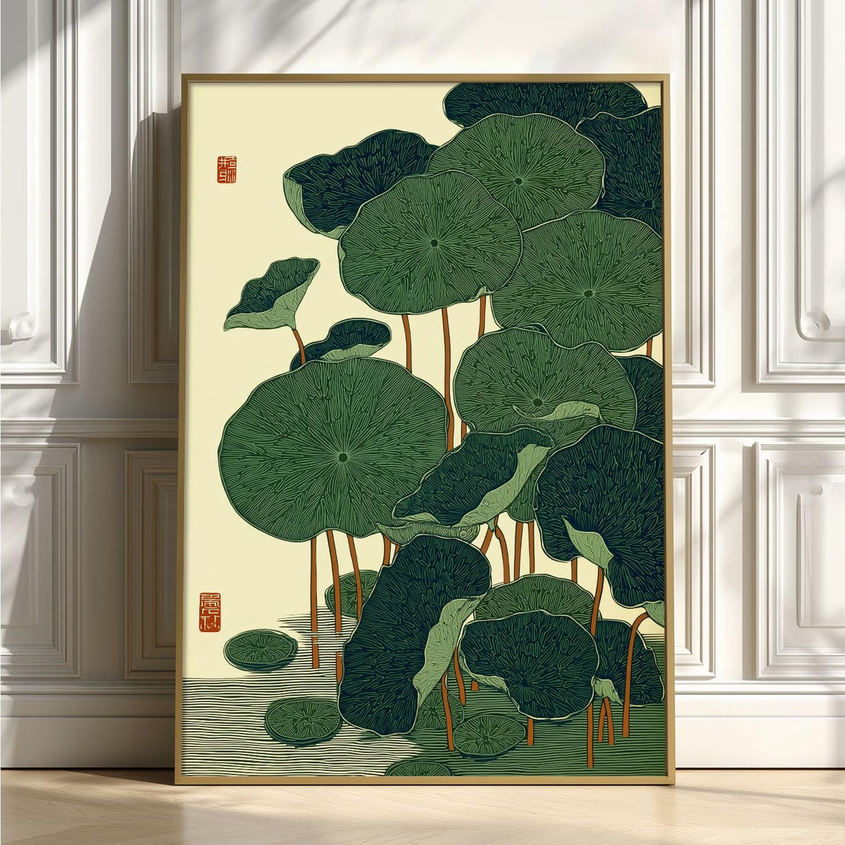 Lotus Leaf Poster, Japanese Botanical Print, Green Wall Art, Zen Bathroom Decor