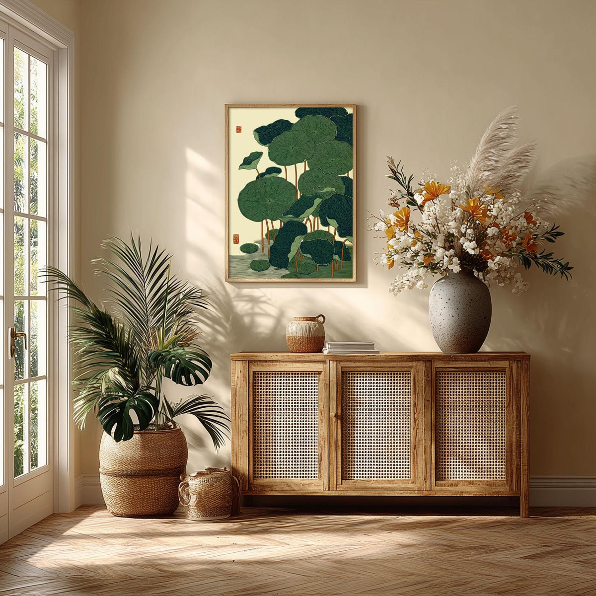 Lotus Leaf Poster, Japanese Botanical Print, Green Wall Art, Zen Bathroom Decor
