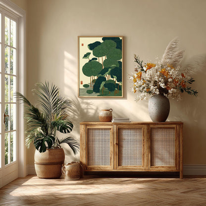 Lotus Leaf Poster, Japanese Botanical Print, Green Wall Art, Zen Bathroom Decor