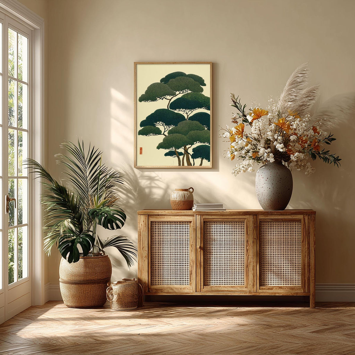 Japanese Pine Tree Art Print - Vintage Botanical Illustration, Green Wall Art