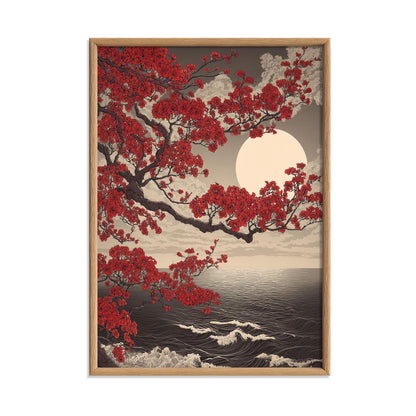 Japanese Red Maple Art Print - Ocean Moon Wall Art - Vintage Japanese Style Poster
