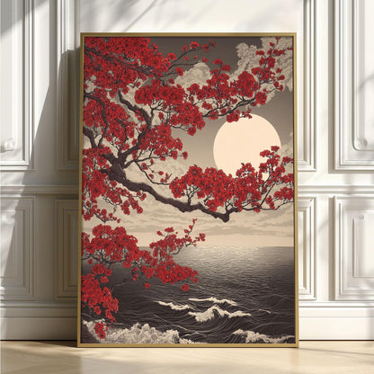 Japanese Red Maple Art Print - Ocean Moon Wall Art - Vintage Japanese Style Poster