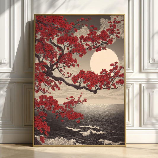 Japanese Red Maple Art Print - Ocean Moon Wall Art - Vintage Japanese Style Poster