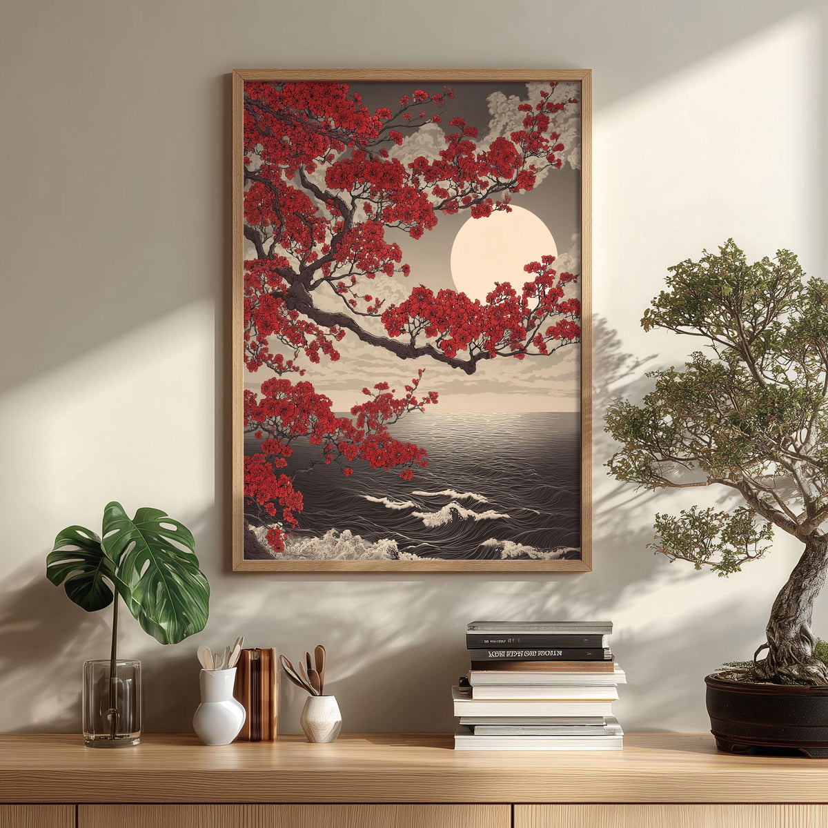 Japanese Red Maple Art Print - Ocean Moon Wall Art - Vintage Japanese Style Poster