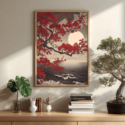 Japanese Red Maple Art Print - Ocean Moon Wall Art - Vintage Japanese Style Poster