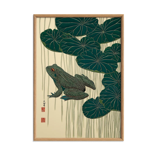 Frog and Lotus Wall Art Print - Japanese style botanical illustration