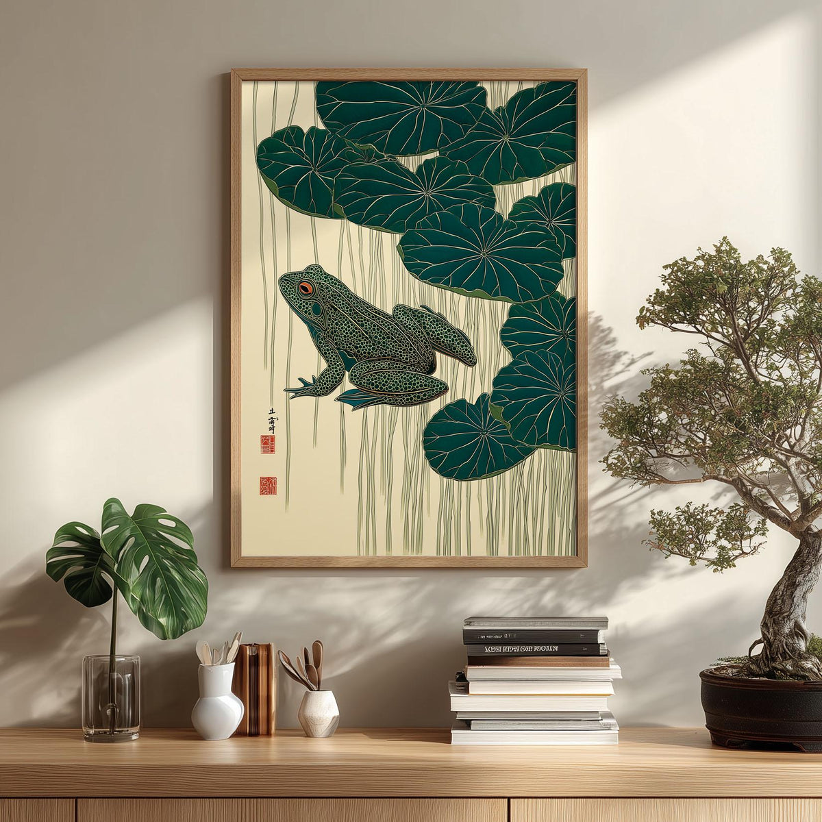 Frog and Lotus Wall Art Print - Japanese style botanical illustration