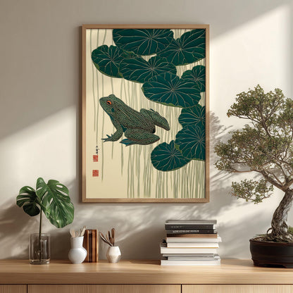 Frog and Lotus Wall Art Print - Japanese style botanical illustration
