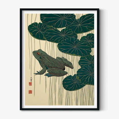 Frog and Lotus Wall Art Print - Japanese style botanical illustration