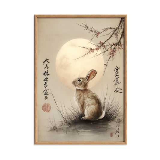 Moonlit Rabbit Japanese Art Print – Watercolour Cherry Blossom Wall Decor