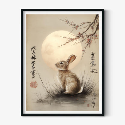 Moonlit Rabbit Japanese Art Print – Watercolour Cherry Blossom Wall Decor