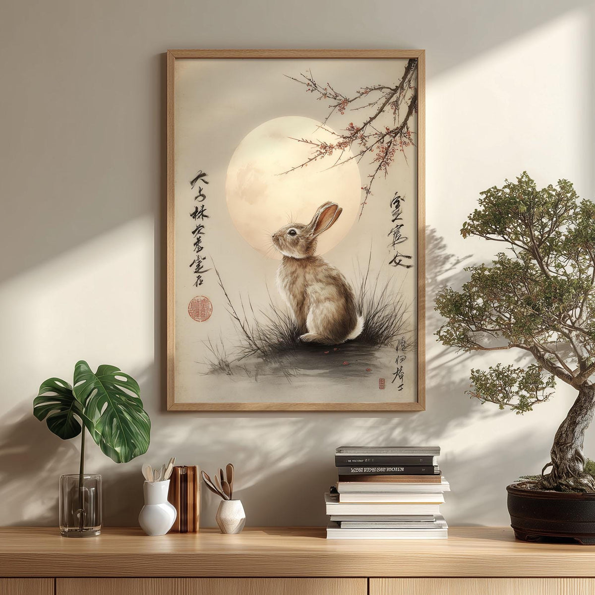 Moonlit Rabbit Japanese Art Print – Watercolour Cherry Blossom Wall Decor